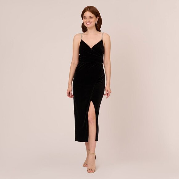 Adrianna Papell Velvet Ankle-Length Wrap Gown With Stone Straps In Black Size 18 - Picture 2 of 5
